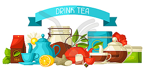 Background with tea and accessories, packs and - vector image