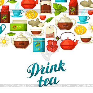 Background with tea and accessories, packs and - vector image