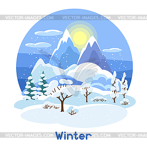 Winter landscape with trees, mountains and hills. - vector clipart