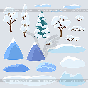 Winter set of trees, mountains and hills. Seasonal - vector clip art