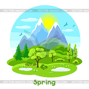 Spring landscape with trees, mountains and hills. - vector clip art