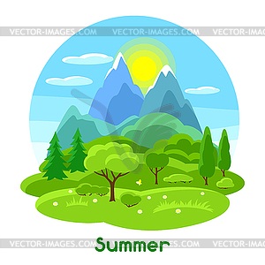 Summer landscape with trees, mountains and hills. - vector image