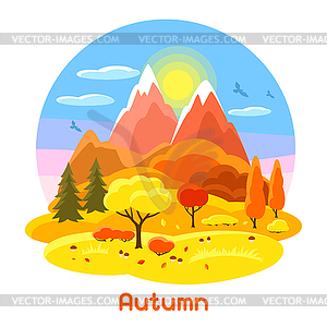 Autumn landscape with trees, mountains and hills. - vector image