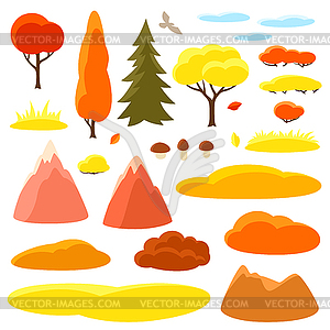 Autumn set of trees, mountains and hills. Seasonal - vector clipart