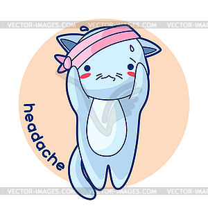 Headache sick cute kitten. kawaii cat - vector image