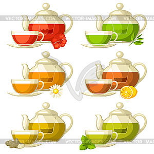 Types of tea. Set of glass cups and kettles with - vector clipart