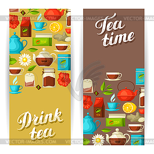 Banners with tea and accessories, packs and kettles - vector image