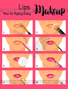 Lips makeup how to apply easy. Information banner - vector clipart