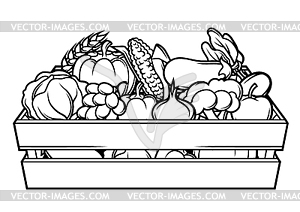 Harvest box with seasonal fruits and vegetables - vector image