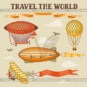 Set of retro air transport. Vintage aerostat - vector image