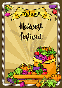 Плакат фестиваля урожая. Осень с сезонными фруктами - векторный графический клипарт