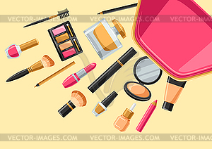 Cosmetics for skincare and makeup out of bag. - vector clipart