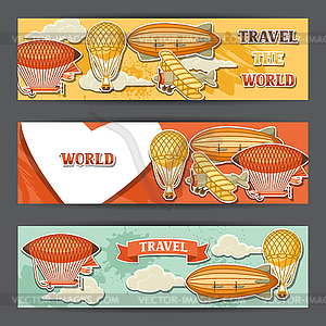 Travel banners with retro air transport. Vintage - vector clip art