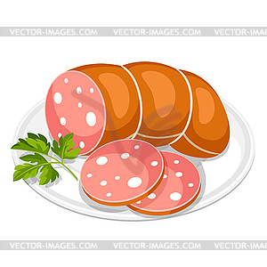 Boiled sausage slices with parsley leaf plate - vector clipart