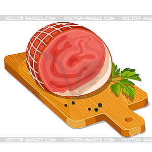 Ham with parsley leaf and peper on wooden cutting - vector image