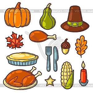 Set of Happy Thanksgiving Day holiday objects and - vector image