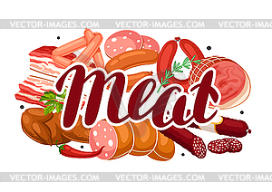 Background with meat products. sausages, bacon and - vector image