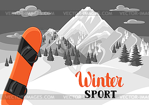 Winter landscape with snowboard. Snowy mountains an - vector clip art