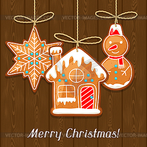 Merry Christmas greeting card with hanging - vector clipart