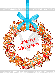 Merry Christmas greeting card with wreath of variou - vector clipart