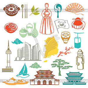 Korea icons set. Korean traditional symbols and objects - vector clipart