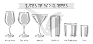 Types of bar glasses. Set of alcohol glassware - vector clip art