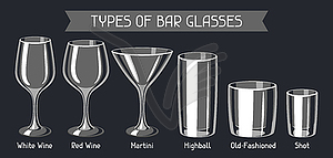 Types of bar glasses. Set of alcohol glassware - vector clipart