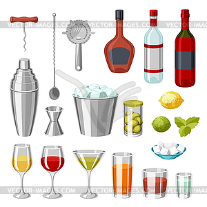 Cocktail bar set. Essential tools, glassware, mixer - vector clipart