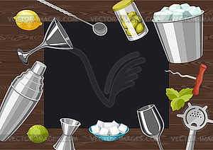 Cocktail bar background. Essential tools, glassware - vector image