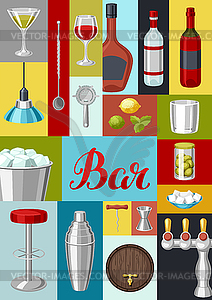 Cocktail bar background. Essential tools, glassware - vector clipart