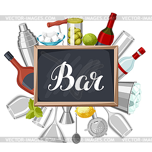 Cocktail bar background. Essential tools, glassware - vector clip art