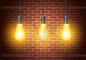 Classic light bulbs on rustic brick wall - vector clipart