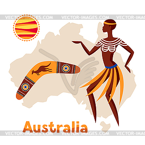 Australia map with woman aboriginal and boomerang - vector clip art