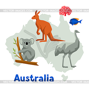 Australia map with wildlife animals - color vector clipart