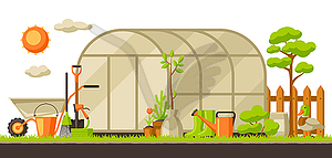 Garden landscape with plants and tools. Season - vector image
