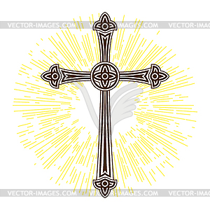 Silhouette of ornate cross with sun lights. Happy - vector clip art