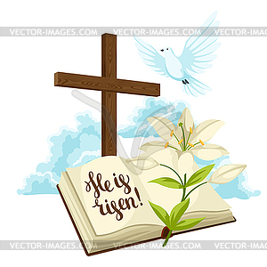Wooden cross with bible, lily and dove. Happy Easte - vector clipart