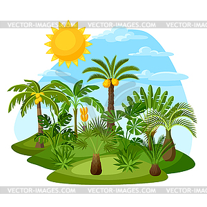 Card with tropical palm trees. Exotic tropical - vector clip art