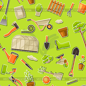 Seamless pattern with garden tools and items. Seaso - vector clipart