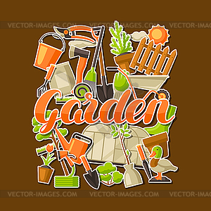 Background with garden tools and items. Season - vector clipart