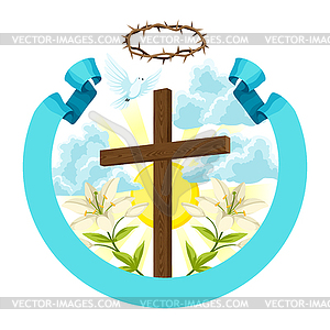 Wooden cross with thorns, lily and dove. Happy - vector image