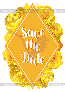 Save date card with fluffy yellow tulips. - vector clipart