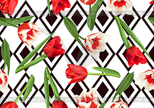 Seamless pattern with red and white tulips. - vector clipart