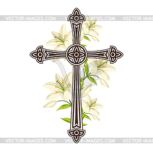 Silhouette of ornate cross with lilies. Happy Easte - vector clip art