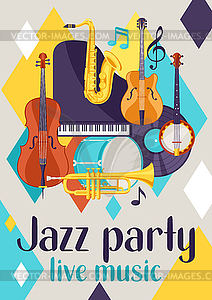 Jazz party live music retro poster with musical - vector image