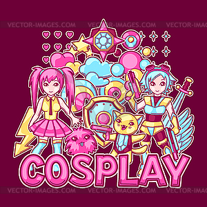 Japanese anime cosplay print. Cute kawaii character - vector clipart