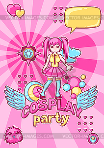 Japanese anime cosplay party invitation. Cute kawai - vector image