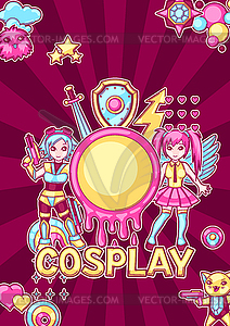 Japanese anime cosplay background. Cute kawaii - vector clip art