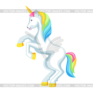 Fantasy pretty white unicorn with colorful mane. - vector image