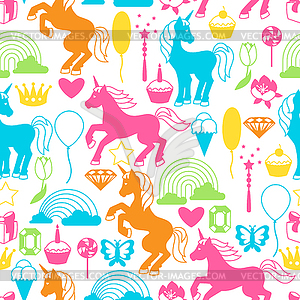 Seamless pattern with unicorns and fantasy items - vector clipart